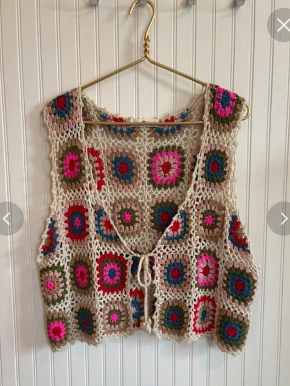 NATURAL LIFE Sz L/XL Crochet Granny Square Vest in Cream, Pink, Blue, Red, Olive